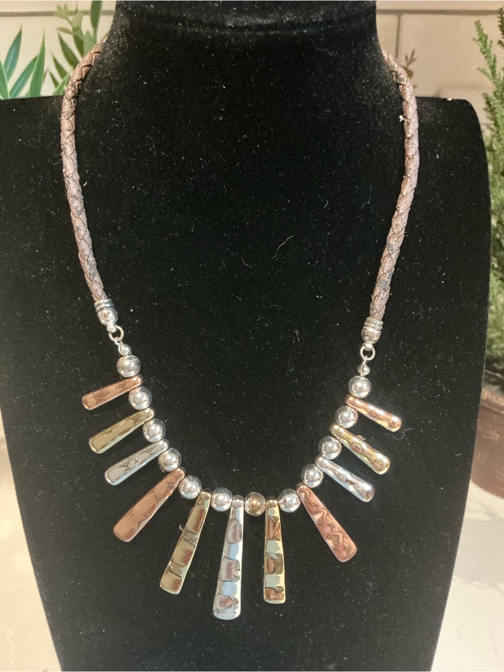 Braided Brown Leather Necklace with Mixed Metal Bar Pendants
